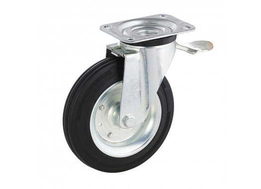 Колесо Tellure Rota 053345 поворотное с тормозом, диаметр 200мм, грузоподъемность 230кг, черная резина, сталь